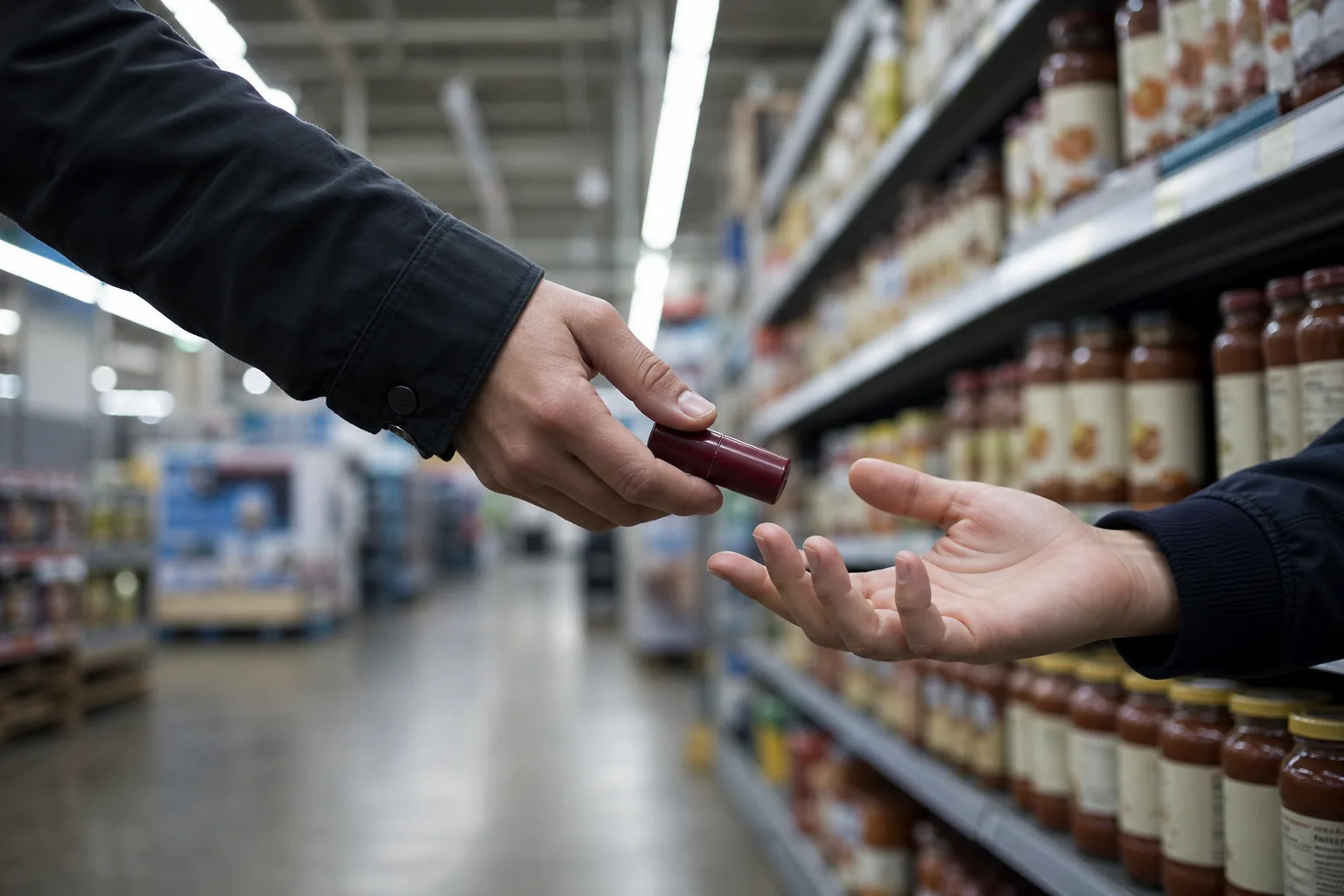 Allesmarkt — a hand passing a lipstick across a supermarket aisle