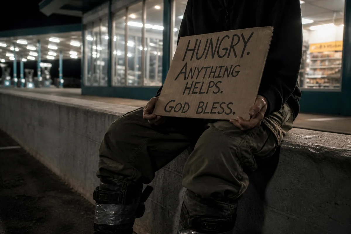 A cardboard sign reading HUNGRY, ANYTHING HELPS, GOD BLESS