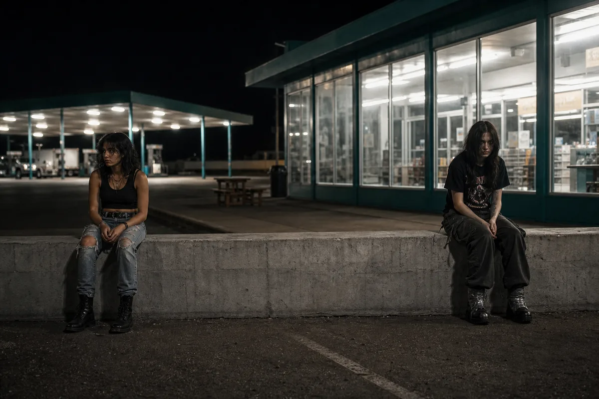 Two girls sitting apart on a concrete barrier at night
